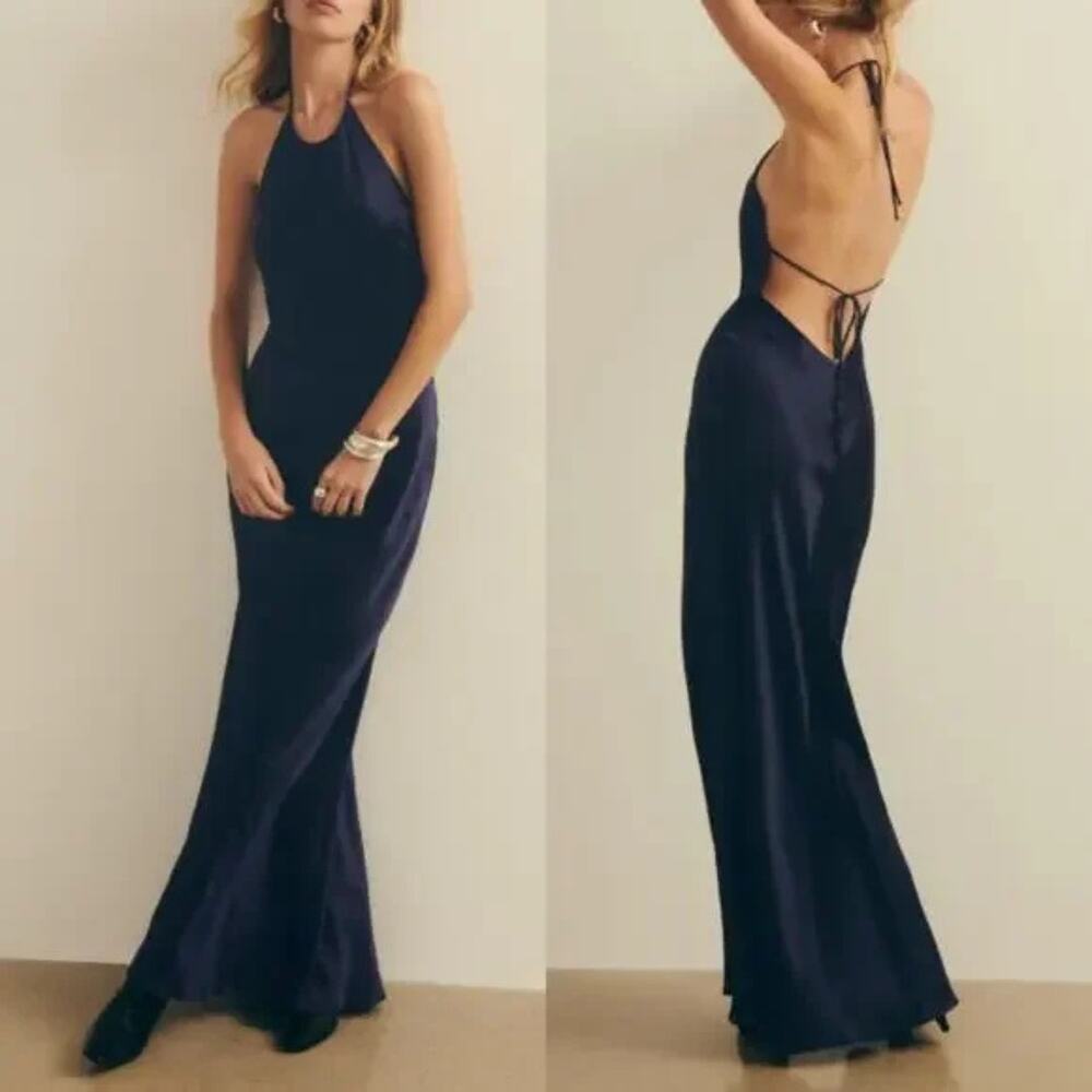 Reformation Jeany Silk Maxi Dress Halter Open Back Navy Sleeveless Gown NEW Sz S